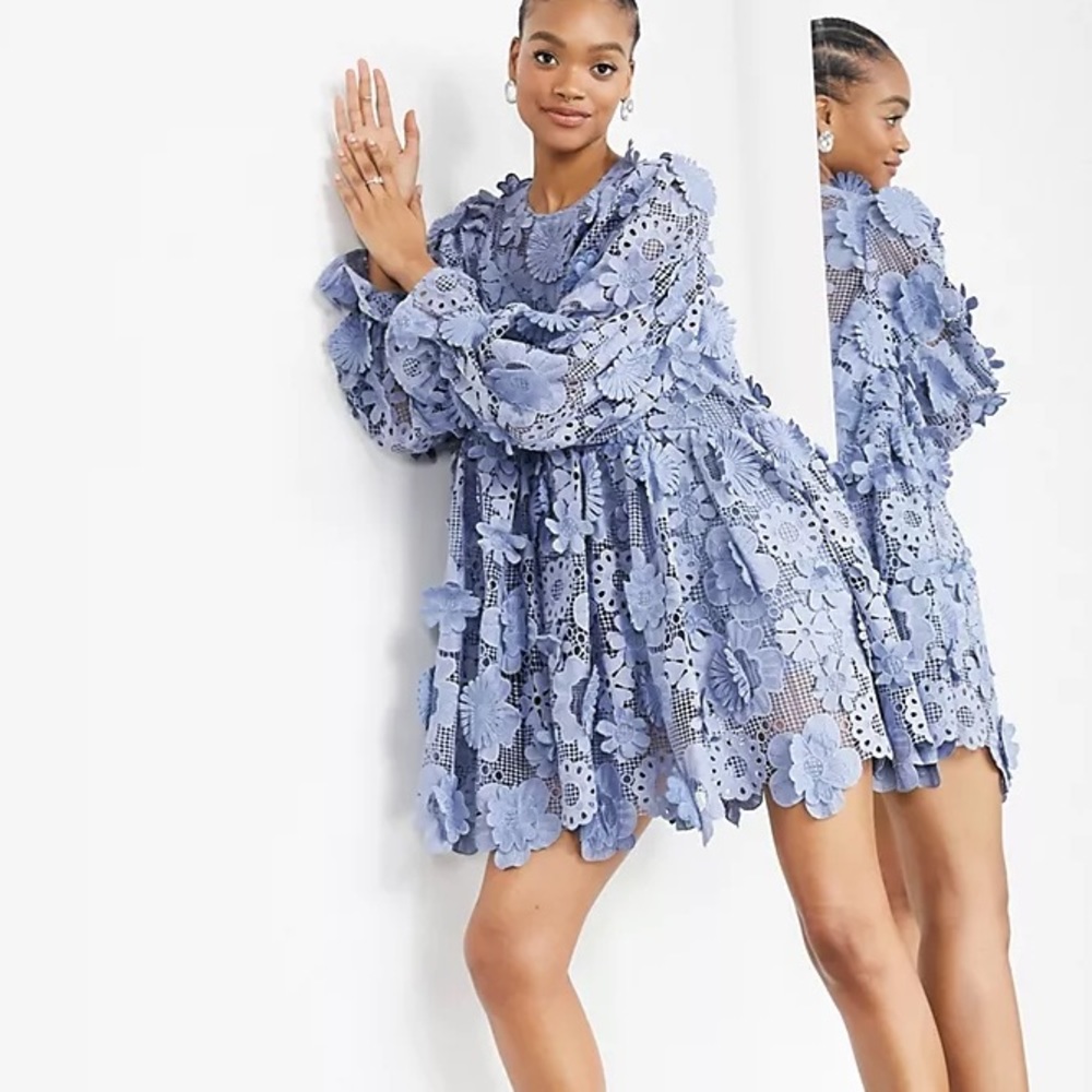 ASOS Tiered Mini Dress w/3D floral embroidery, cornflower blue, 4